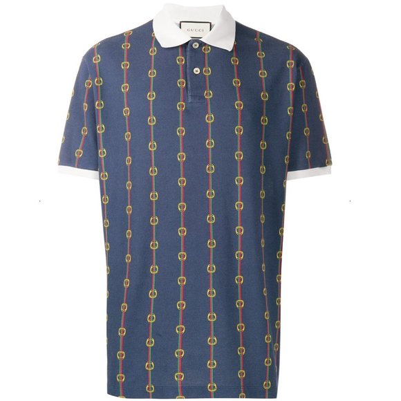 Gucci Horse-bit Chain Print Polo Shirt in Blue - Picture 1 of 7